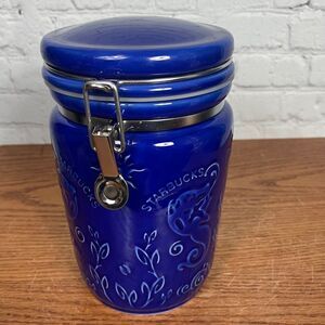 STARBUCKS Embossed, Ceramic Canister COBALT BLUE EUC Bean Storage Unique